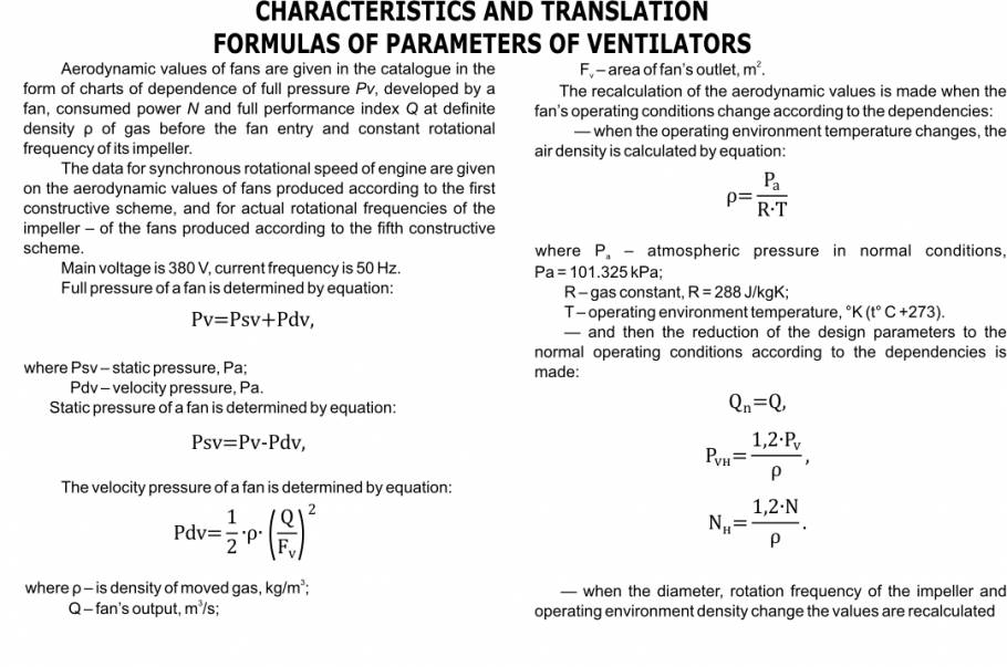 Characteristics and translation formulas of parameters of fans